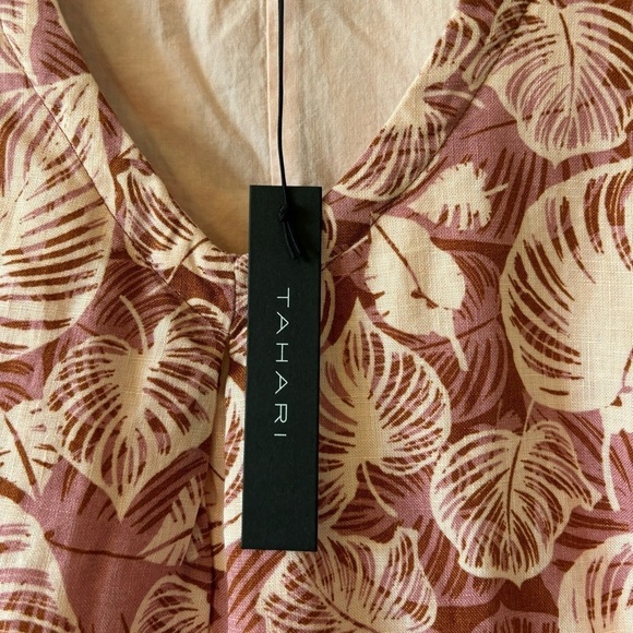 Tahari Pink Leaf Print V-Neck Sleeveless Linen A-Line Dress Pockets Size Small - Picture 11 of 11
